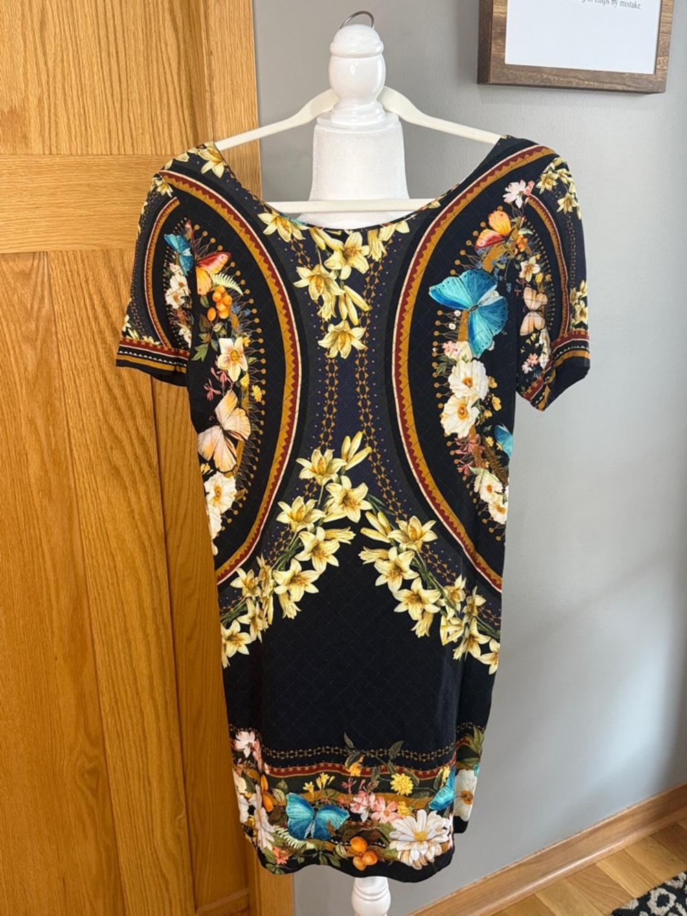 FARM Rio Black Mini Dress with Yellow Florals and Blue Butterflies